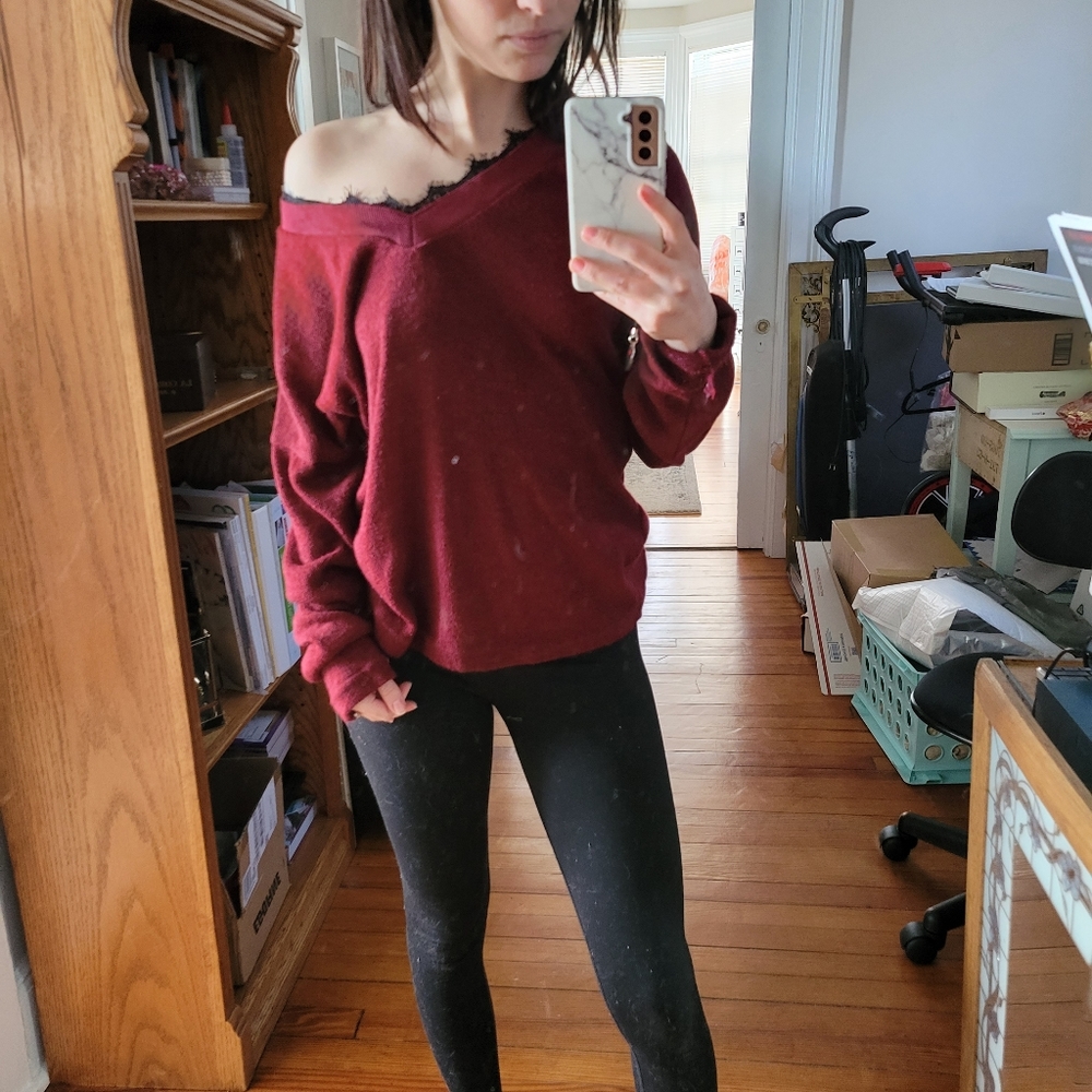 Wine Red Sweater with Black Lace detail